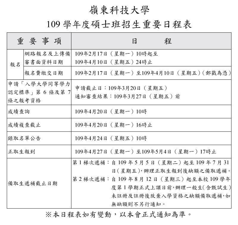 109學年度碩士班招生日程表
