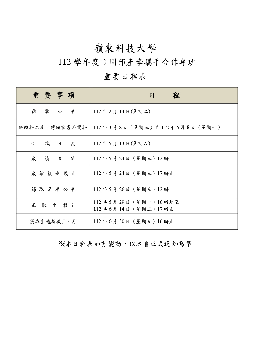 112 學年度日間部產學攜手合作專班招生簡章