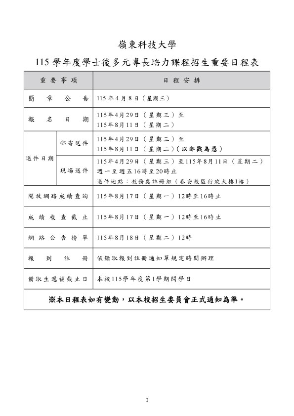 115學士後多元專長培力招生簡章