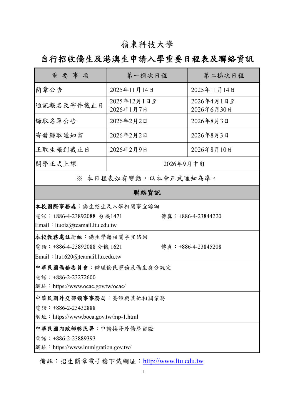 115學年度自行招收僑生及港澳生簡章