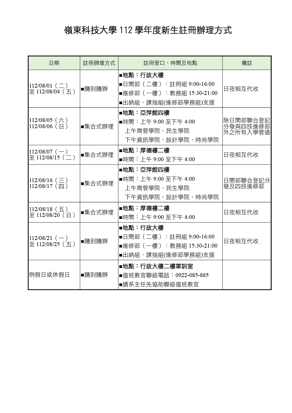 進修部-112學年度新生註冊日程規劃