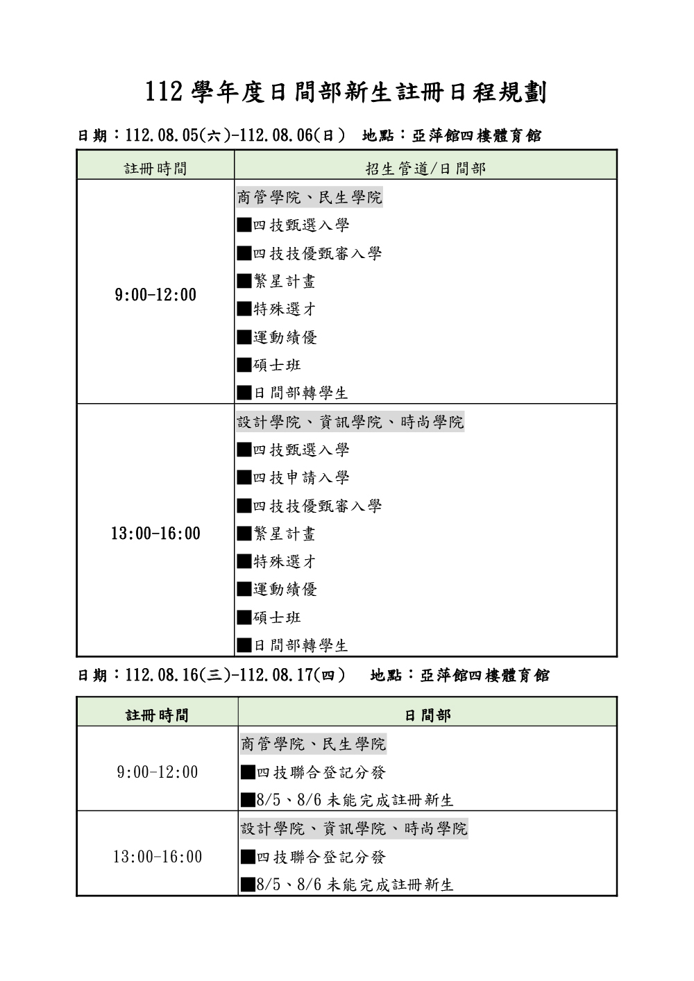 日間部-112學年度新生註冊日程規劃