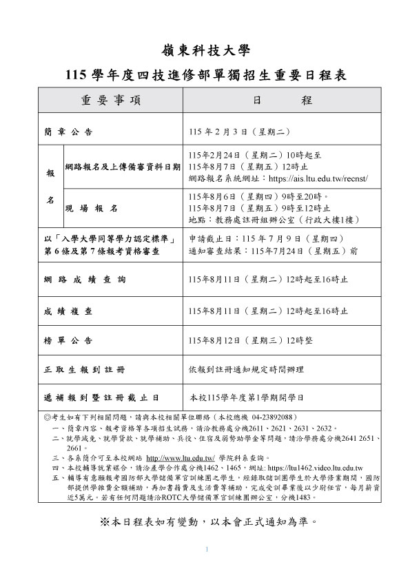 115學年度四技進修部單獨招生日程表