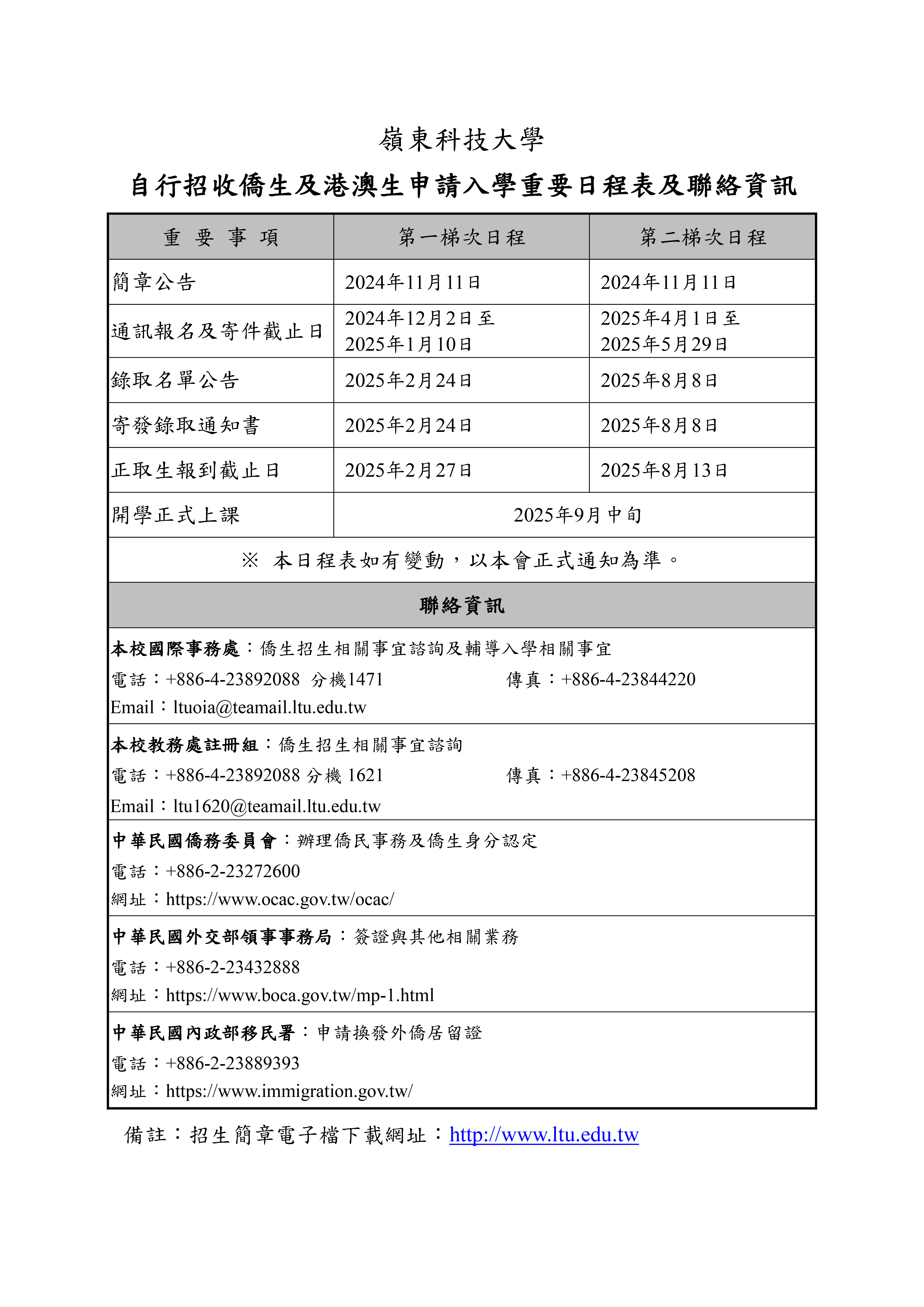 嶺東科技大學114學年度自行招收僑生及港澳生申請入學招生簡章