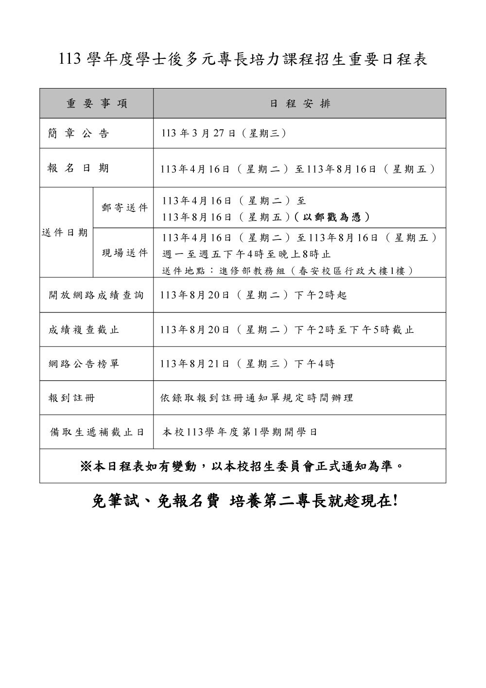 113學年度學士後多元專長培力課程招生簡章(請點我)