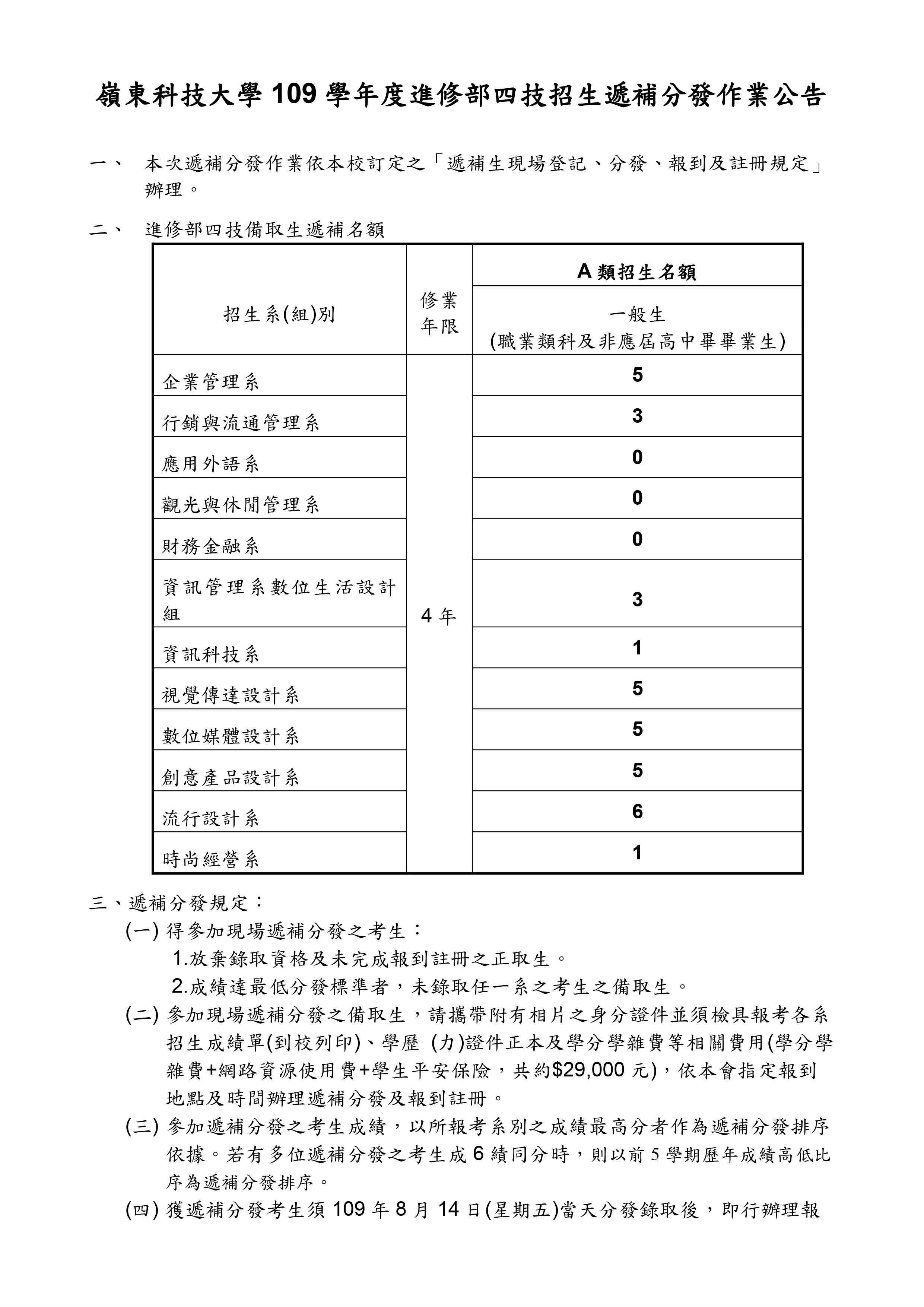 嶺東科技大學109學年度進修部四技招生遞補分發作業公告