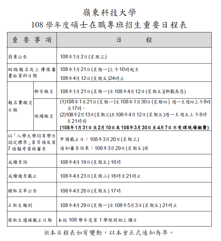108學年度碩士在職專班招生日程表