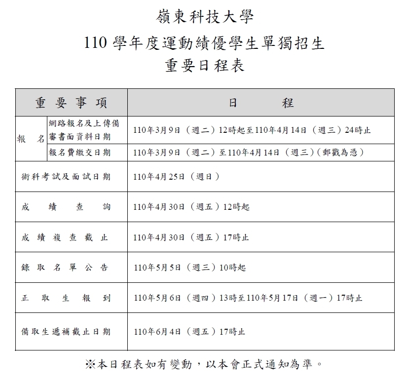110學年度運動績優學生單獨招生日程表