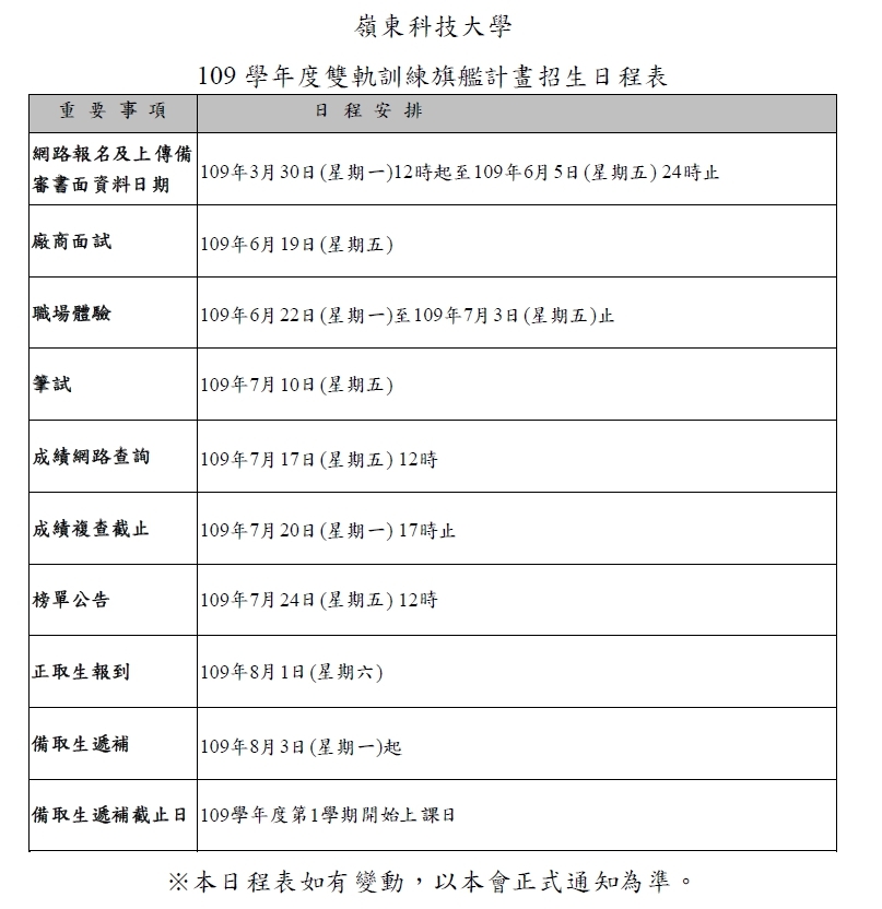 109學年度雙軌旗艦計畫招生日程表