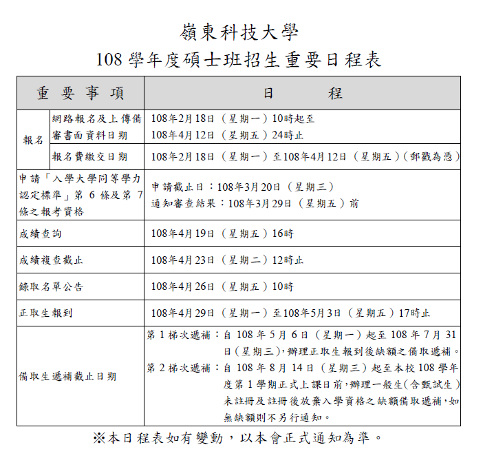 108學年度碩士班招生日程表