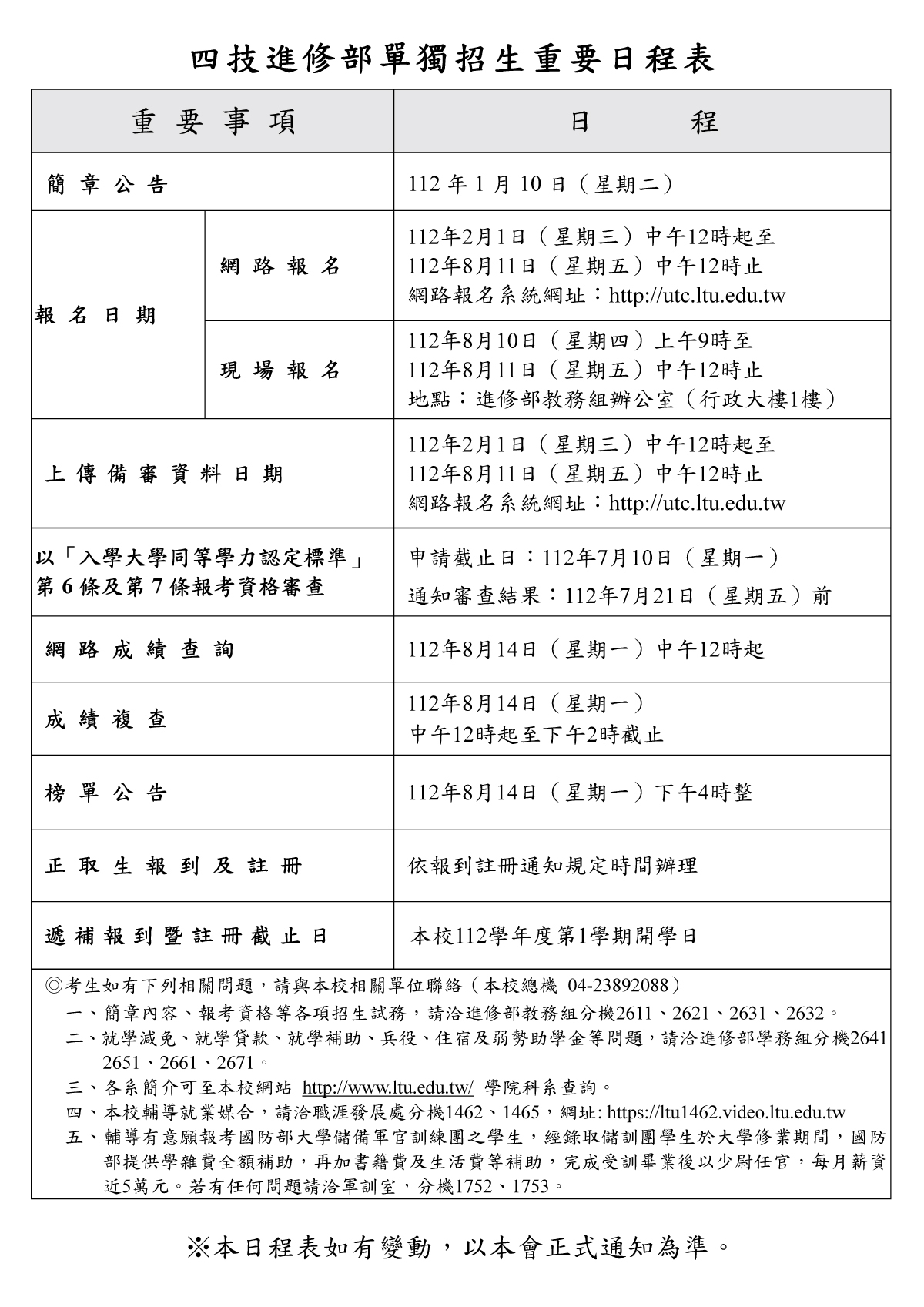 嶺東科技大學112學年度四技進修部單獨招生重要日程表