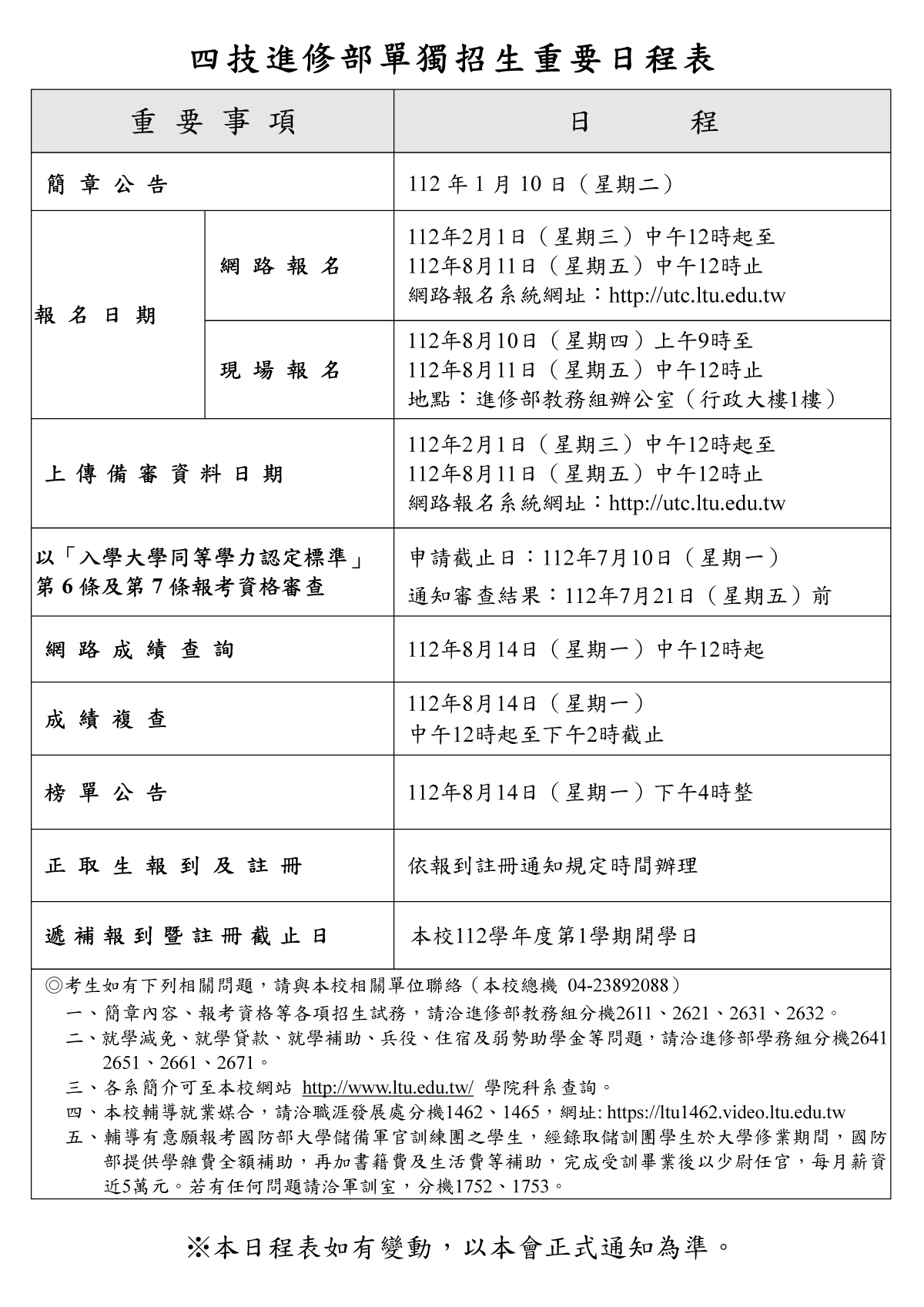 嶺東科技大學112學年度四技進修部單獨招生重要日程表