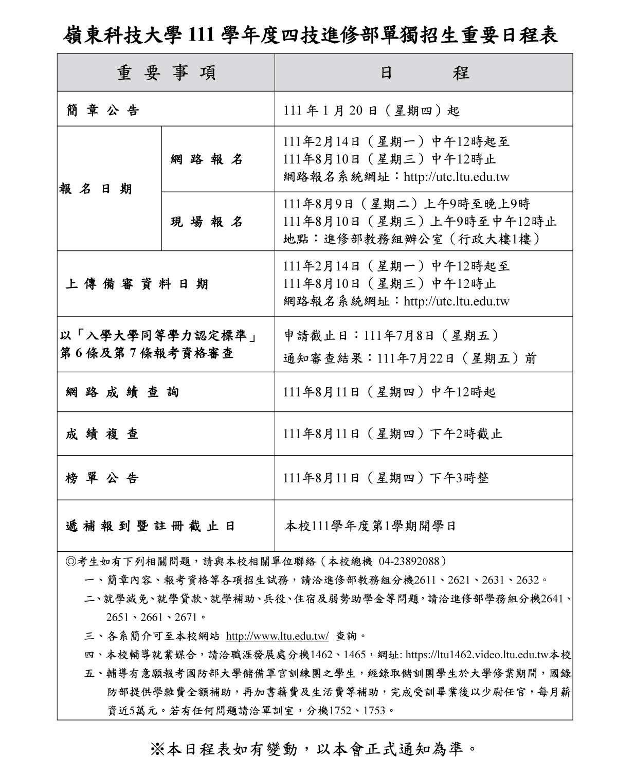 111四技進修部單獨招生重要日程表