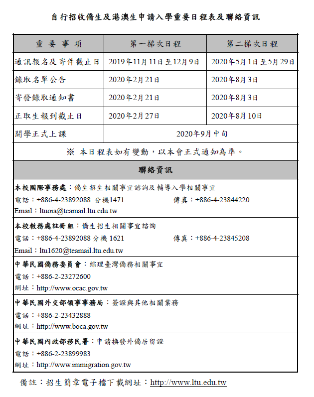 109學年度自行招收僑生及港澳生申請入學招生日程表