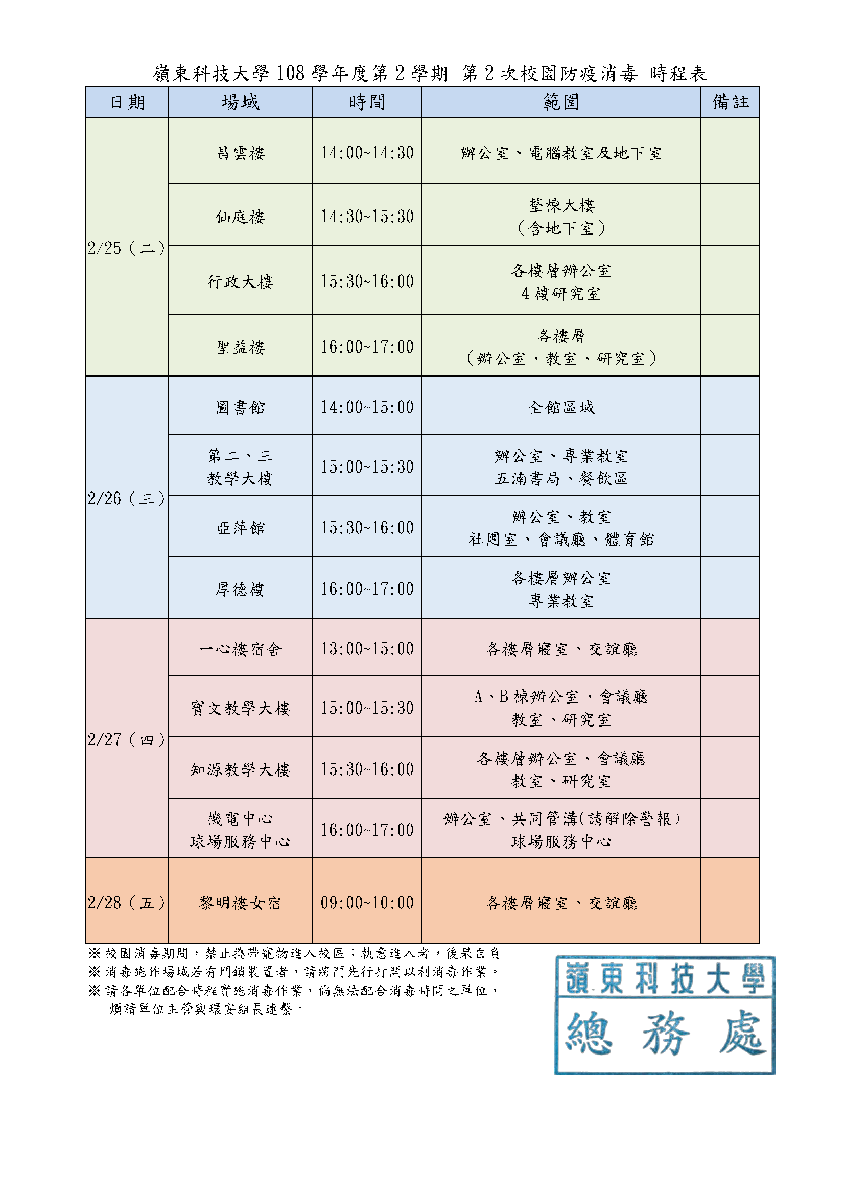防疫作戰第二波，全校再次全面消毒！