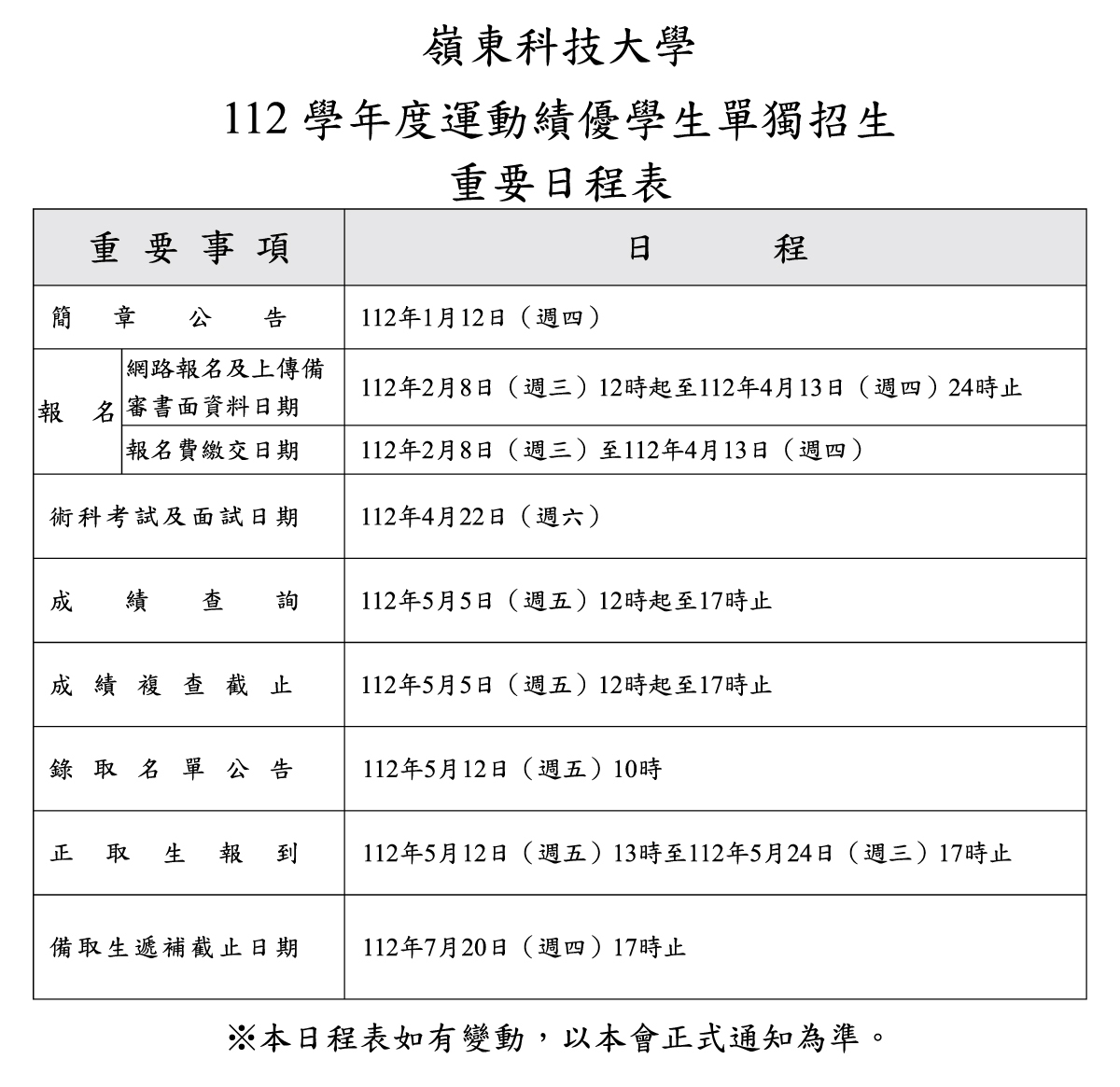 嶺東科技大學112學年度運動績優學生單獨招生重要日程表