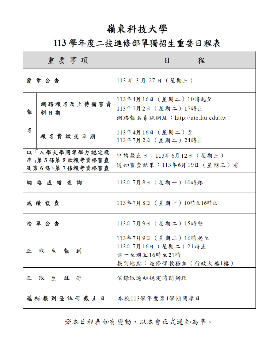 嶺東科技大學113學年度二技進修部招生簡章