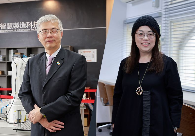 嶺東科大智慧科技學院陳志明院長(左)、時尚經營系林秋卿主任，時尚+科技，培育跨域造浪新人才從臺中出發。