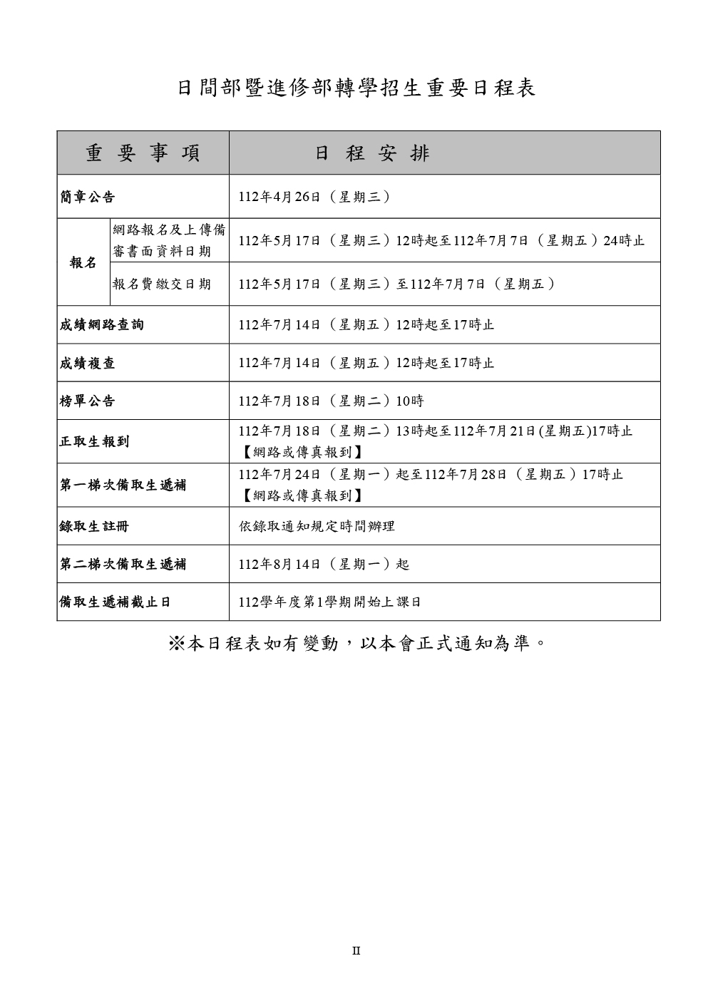 112學年度第一學期日間部暨進修部轉學招生考試簡章