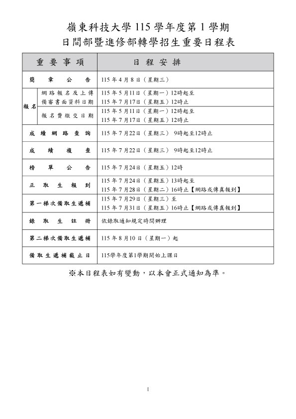 115學年度第1學期日間部暨進修部轉學招生簡章