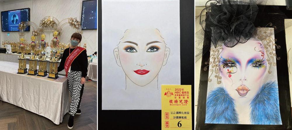 ▲參賽學生獲獎獎盃▲國際化妝設計圖靜態組冠軍鍾心柔作品▲國際創意化妝設計圖靜態組亞軍蘇芳以作品